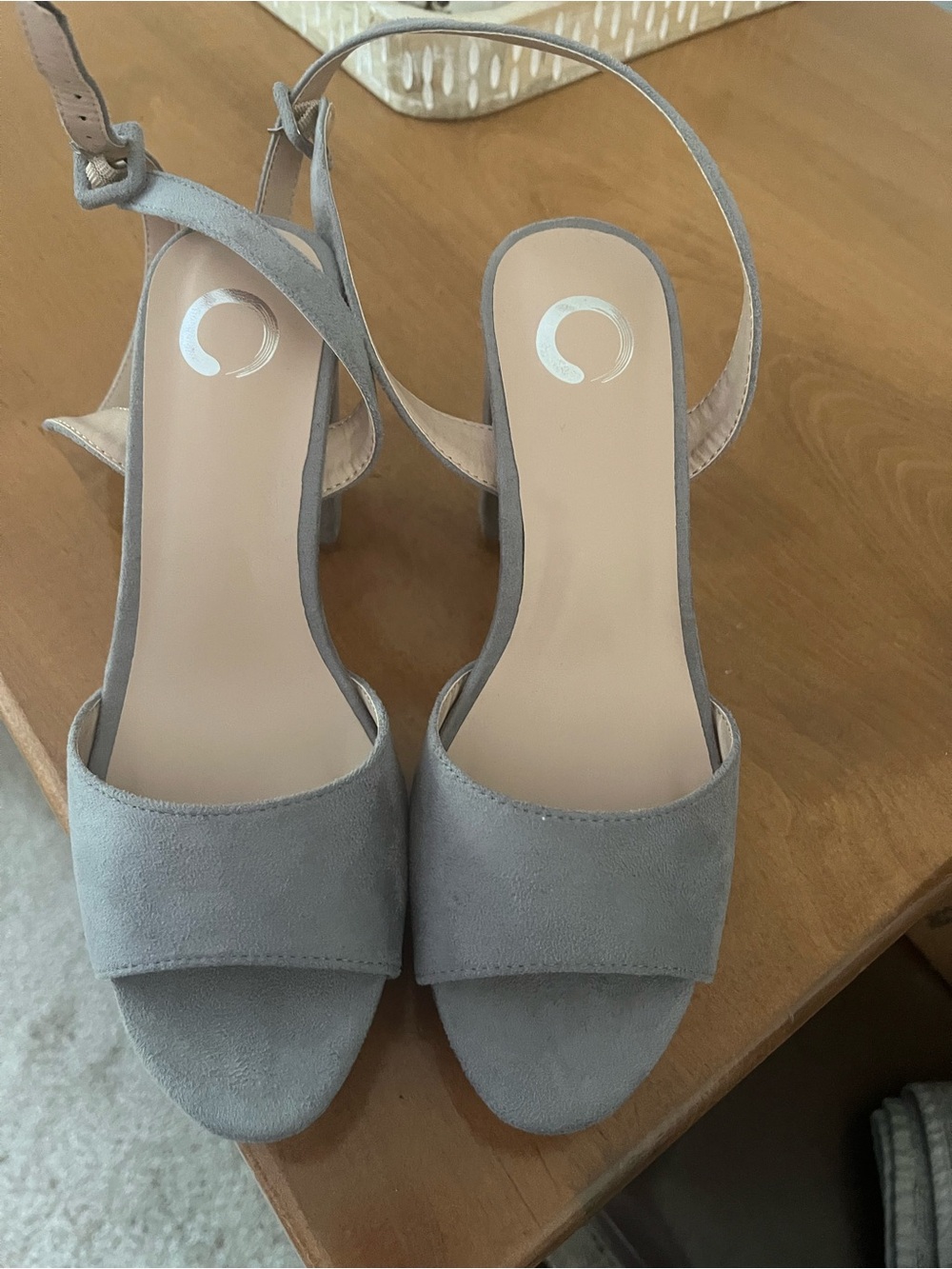 Journee Collection Gray Suede Open-Toe Slingback Heels